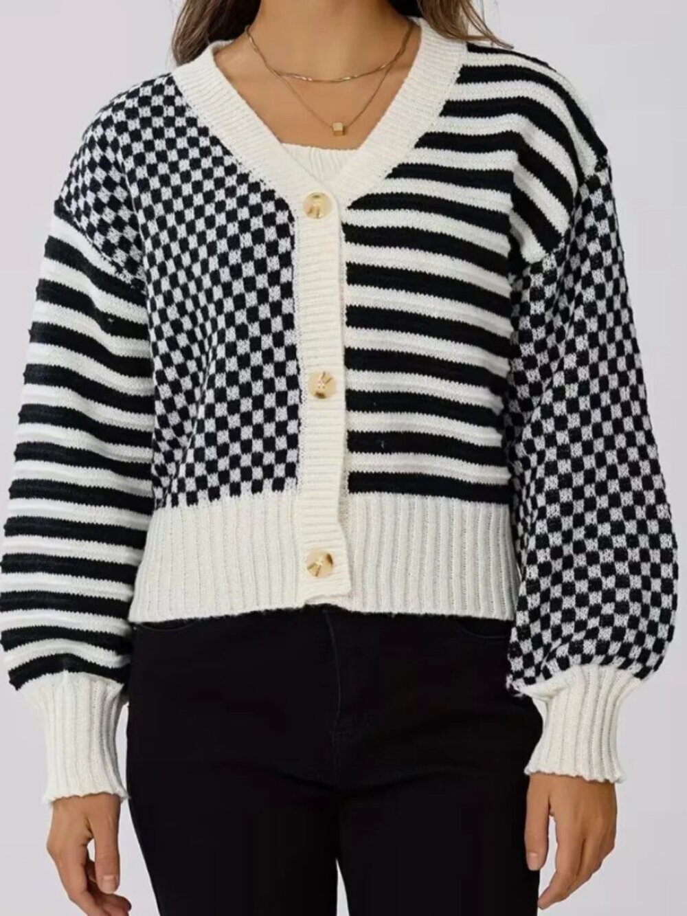 Checkered Striped Black & White V-Neck Cardigan